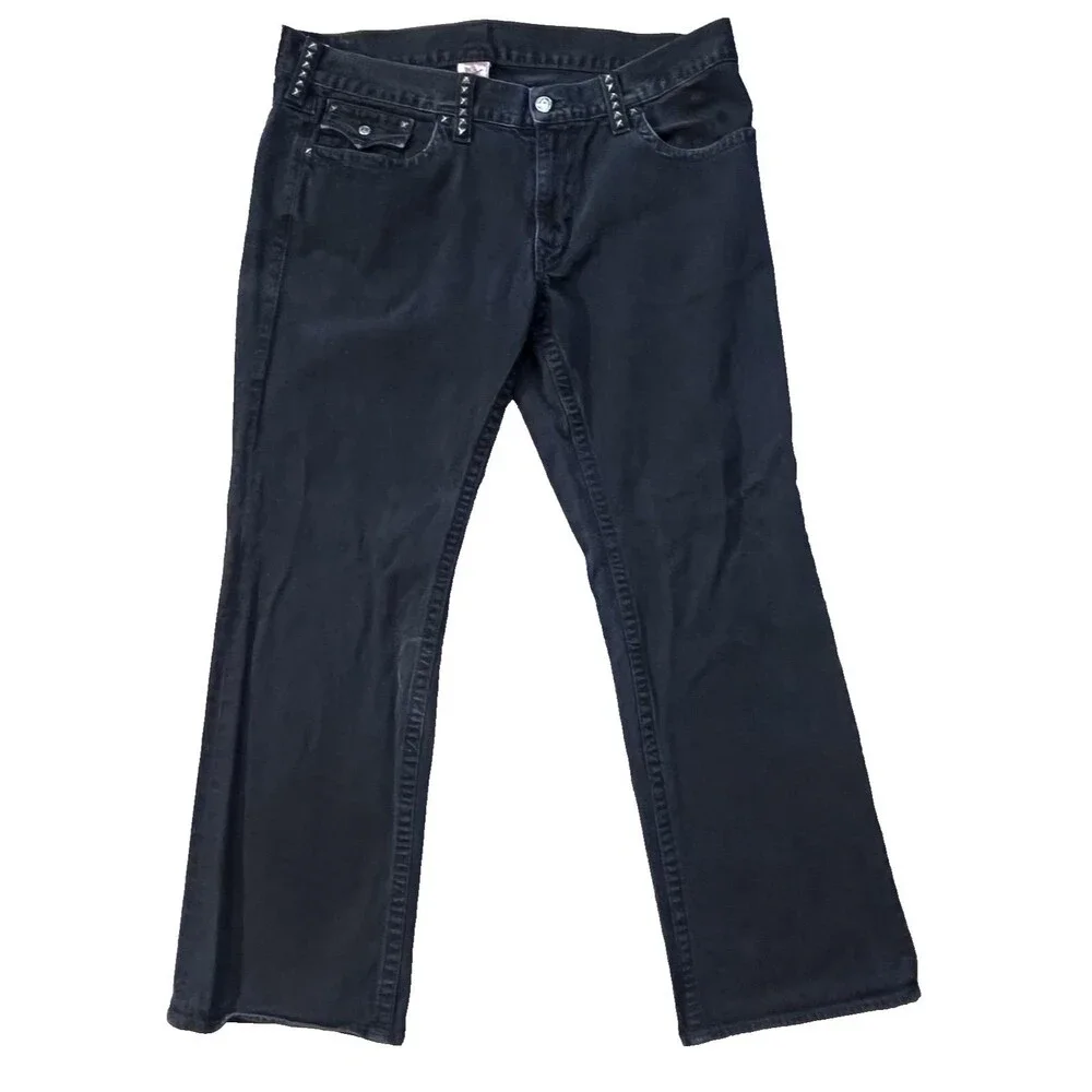 True Religion Mens 40x33 Black Denim Coin Pocket Straight Leg Jeans Rivets